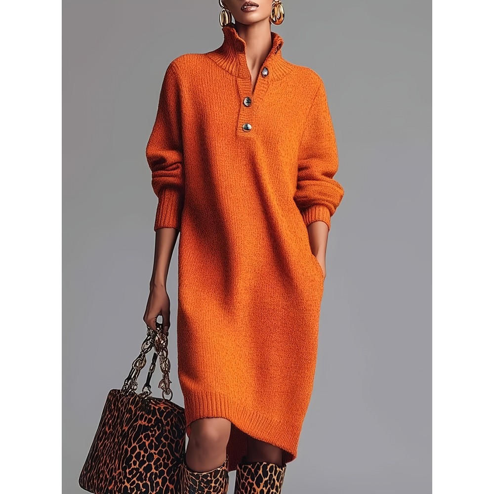 Plus Size - Hertalk'S New Button- Lapel Loose Straight Dress Is a Mid-Length Sweater Dress