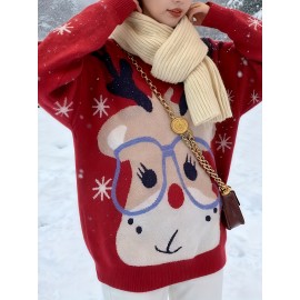 Plus Size, Women's Christmas Reindeer & Snowflake Jacquard Sweater - Loose Fit Pullover Sweaters with Reindeer Patterns, Round Neck Winter Sweaters for Xmas Parties, Casual Holiday Outfits (Bright Colors) - Cozy Winter Wear for non-Stretch