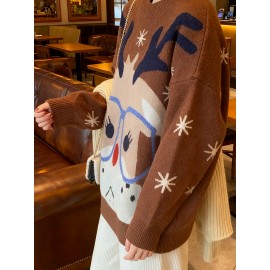 Plus Size, Women's Christmas Reindeer & Snowflake Jacquard Sweater - Loose Fit Pullover Sweaters with Reindeer Patterns, Round Neck Winter Sweaters for Xmas Parties, Casual Holiday Outfits (Bright Colors) - Cozy Winter Wear for non-Stretch