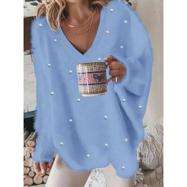 Plus Size - Women'S Asymmetrical V-Neck Geometric Sweater - Soft Pastel Winter Pullover with Trim, Cozy Casual Sweater for Everyday & Semi-Formal Outfits, Relaxed Fit Layering Piece, Easy-Care Durable Design