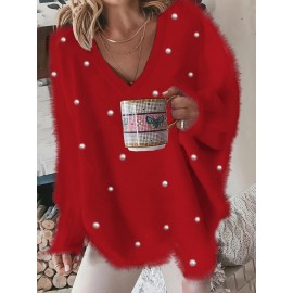 Plus Size - Women'S Asymmetrical V-Neck Geometric Sweater - Soft Pastel Winter Pullover with Trim, Cozy Casual Sweater for Everyday & Semi-Formal Outfits, Relaxed Fit Layering Piece, Easy-Care Durable Design