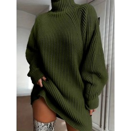 Plus Size, SCACTO Autumn and Winter Solid Color Versatile Loose Raglan Sleeve High Neck Women's Plus Size Sweater Dress