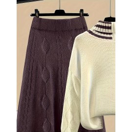 Plus Size - Two-Piece High-Neck Sweater and Midi Skirt Set | Elegant Color Block Design, Slight Stretch Fabric, Suitable for Fall/Winter, Brand: JNQUALYTRIX