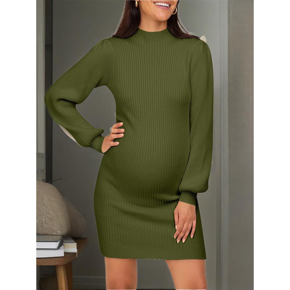 Plus Size - Pregnant Women Maternity Sweater Dress Turtleneck Puff Sleeve Slim Fit Bodycon Mini Dress