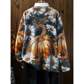 Plus Size Autumn And Winter Women's Clothing, Mink Fur Halloween Oversized Pumpkin Warm Sweater, Full Print V-neck Short Knitted Set