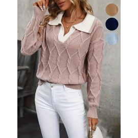 Plus Size - Plus Size Miye Sweater | Fall/Winter Color Block Turn- Collar Elegant Fashion Women'S Pullover Long Sleeve with Rib- Details