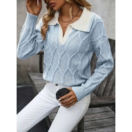 Plus Size - Plus Size Miye Sweater | Fall/Winter Color Block Turn- Collar Elegant Fashion Women'S Pullover Long Sleeve with Rib- Details