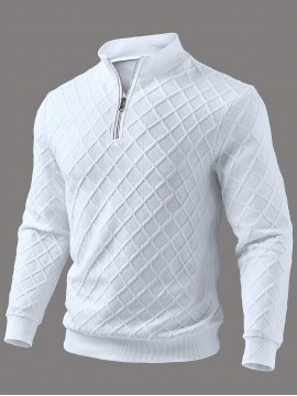 [Men's Casual Sweater] Men's Casual Zip-Up Sweater | Long Sleeve, Solid Color, Regular Fit, Round Neck, Geometric Pattern, Fall & Winter, Knitwear, High Quality