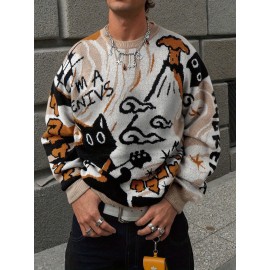 Unisex Autumn Fall Back to School Casual Loose Fit Commuter Simple Solid Color Versatile Round Neck Cartoon Jacquard Pattern Long Sleeve Pullover Knitted Fabric Top