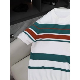 [Summer Striped T-Shirt] LVLAEA Men's Summer Striped Pullover T-Shirt | Short Sleeve, Crew Neck, Casual Rayon Blend, Rib-Knit, Slight Stretch, Fashionable Stripes, Everyday Wear, Regular Fit, Breathable, Skin-Friendly