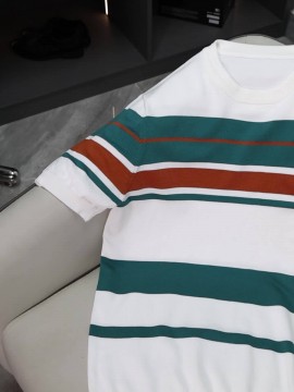 [Summer Striped T-Shirt] LVLAEA Men's Summer Striped Pullover T-Shirt | Short Sleeve, Crew Neck, Casual Rayon Blend, Rib-Knit, Slight Stretch, Fashionable Stripes, Everyday Wear, Regular Fit, Breathable, Skin-Friendly