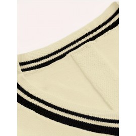 Men's V-neck Pullover Vest Cardigan, College Style Knitted Sleeveless Sweater