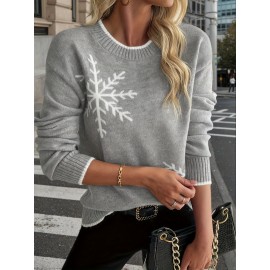 Women's Grey Snowflake Jacquard Sweater - Korean Winter Slim-Fit Pullover with White Snowflake Pattern, Soft Round Neck Long Sleeve Sweater for Christmas, Cozy Winter Party & Casual Outfits (Grey/Green/Black)