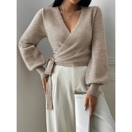 100% Wool Women's Elegant V-Neck Cardigan with Adjustable Tie Waist- Beige Long Sleeve Sweater, Lightweight Casual to Semi-Formal Outerwear for Spring