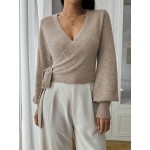 100% Wool Women's Elegant V-Neck Cardigan with Adjustable Tie Waist- Beige Long Sleeve Sweater, Lightweight Casual to Semi-Formal Outerwear for Spring