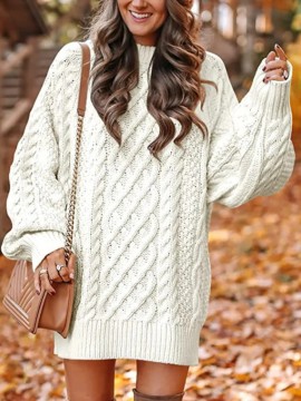 Women's Oversized Cable Sweater Dress - Belted Waist Pencil, Round Neck Mid-Length Pullover, Cozy Casual to Semi-Formal Wear (Maroon/Deep Red) - Easy-Care Hand Wash/Dry Clean, Spring/Fall Wardrobe Essential