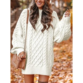 Women's Oversized Cable Sweater Dress - Belted Waist Pencil, Round Neck Mid-Length Pullover, Cozy Casual to Semi-Formal Wear (Maroon/Deep Red) - Easy-Care Hand Wash/Dry Clean, Spring/Fall Wardrobe Essential