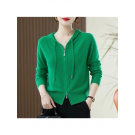 Spring and Autumn Women'S Hooded Cardigan | Long-Sleeved, Loose Fit, Solid Color, V-Neck, Elegant Style