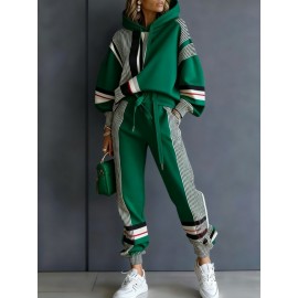 Women's Fall Winter New Color Block Hoodie Set Casual Sweatshirt Pants 2pcs