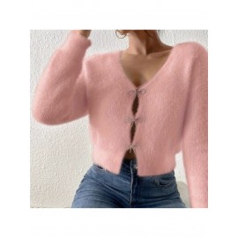 100% WOOL Cardigan | Autumn and Winter New Bow Single Breasted Sweater Coat with Long Sleeves and Lapel Collar