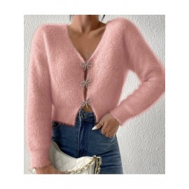 100% WOOL Cardigan | Autumn and Winter New Bow Single Breasted Sweater Coat with Long Sleeves and Lapel Collar