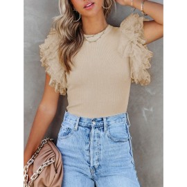 Women'S Apricot Dotted Mesh Ruffle Sleeve Top - Spring Summer Fall Casual to Semi-Formal Shirt, H-Line Silhouette with Round Neck & Breathable Mesh Back, Lightweight Stretchy Blouse for Beach Outfits, Brunch & Casual Attire, Versatile Layering Piece