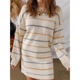 Women'S Multicolor Striped Round Neck Sweater Dress - Long Sleeve A-Line Mini Dress with Multicolor Horizontal Stripes (Pink/) | Spring/Fall Casual to Semi-Formal Outfits | Easy-Care Round Neck Design & Versatile Layering Piece