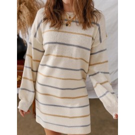 Women'S Multicolor Striped Round Neck Sweater Dress - Long Sleeve A-Line Mini Dress with Multicolor Horizontal Stripes (Pink/) | Spring/Fall Casual to Semi-Formal Outfits | Easy-Care Round Neck Design & Versatile Layering Piece