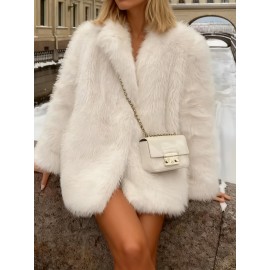Women's Winter Warm Shaggy Faux Fur Jacket - Oversized Lapel Coat with Lapel Collar & Button Front, Soft Fuzzy Outerwear Suitable for Fall/Winter, Machine Washable Cozy Jacket