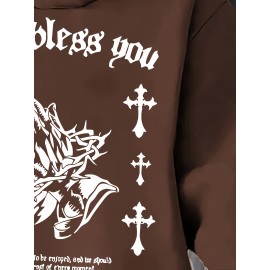 Men'S Christian Faith Hooded Sweatshirt with Prayer Hands & Cross Design - All-Season Casual Pullover, Machine Washable, Kangaroo Pocket & Drawstring Hood, Plus Size, Church Activities & Casual Attire