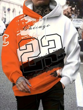 Men'S Chicago 22 Graphic Print Hoodie - Orange & Black Casual Pullover with Drawstring Pockets, Regular Fit Long Sleeve Sweatshirt for Spring/Fall, Daily Wear & Gifts, PLUS SIZE