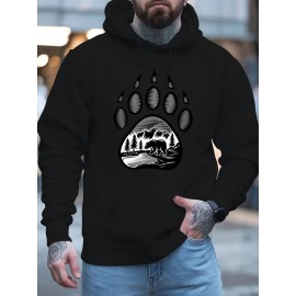 Plus-Size Men'S 3D Digital Print Bear Paw & Forest Graphic Hooded Sweatshirt - with Wildlife Design, Casual Long Sleeve Pullover, Regular Fit for Outdoor & Casual Attire, Nature-Inspired Men'S Fashion, Plus Size