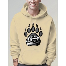 Plus-Size Men'S 3D Digital Print Bear Paw & Forest Graphic Hooded Sweatshirt - with Wildlife Design, Casual Long Sleeve Pullover, Regular Fit for Outdoor & Casual Attire, Nature-Inspired Men'S Fashion, Plus Size