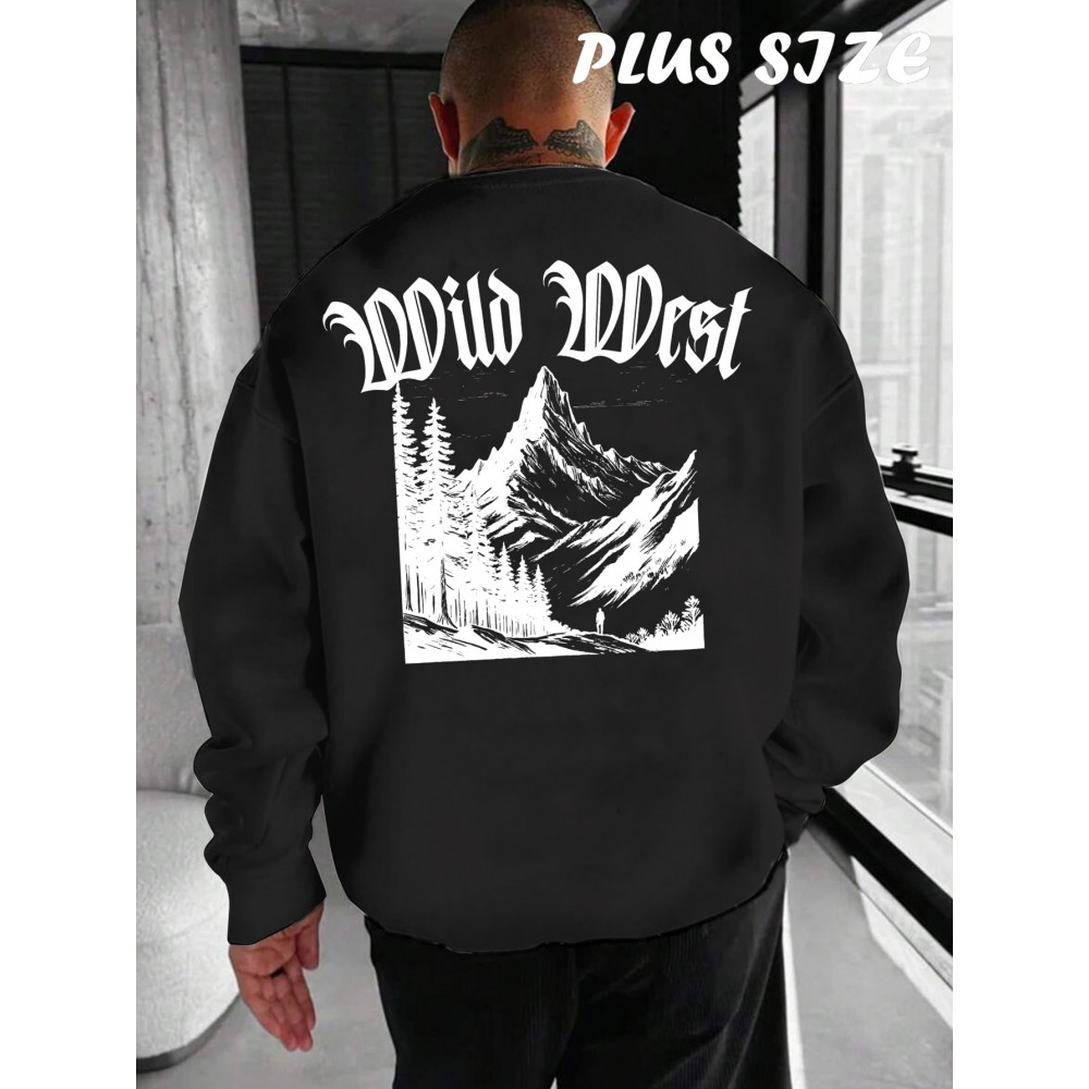 Men'S Plus Size Sweatshirt | Western Forest Print, Casual Street Style, Long Sleeve, Crew Neck, Regular Fit for Autumn-Winter