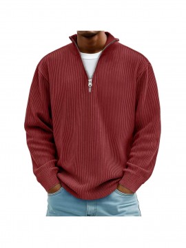 Men's Corduroy Quarter-Zip Sweater - Thermal Stand Collar -Neck Pullover, Corduroy Sweaters for Fall Winter Spring Summer, Casual Long Sleeve Machine-Washable Sweaters in Neutral Colors (/Tan/) - Regular Fit Top, PLUS SIZE