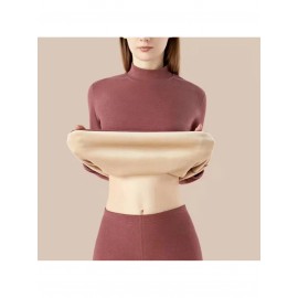 Plus Size - Women'S Thermal Underwear Set - Fleece-Lined Thickened Winter Panties, Full Coverage Round Neck Base Layer, Soft Stretchy Fabric for Cold Weather, Everyday & Formal Wear, Cozy Warmth, Seamless Design, Layering Essentials (Solid Color)