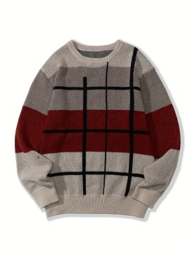 Men's Casual Color Block Knit Sweater, Soft Warm Pullover for Fall/Winter