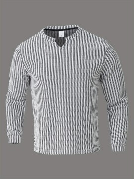 Men's Fashion Casual Long Sleeve Henley Shirt | Premium Houndstooth Jacquard Henley Collar T-Shirt | Notched V-Neck Design | Loose-Fit Comfortable Henley Tee | Essential Golf Wear | Breathable, Warm, and Skin-Friendly | for Indoor Gatherings and
