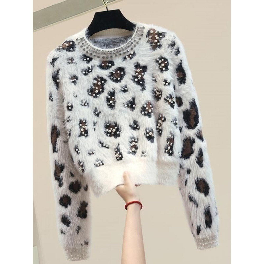 New Loose Fit Outerwear Small Size Pullover Top | Round Neck Beaded Leopard Print Thickened Sweater Women, Long Sleeve, Color Block, Geometric-pattern, Casual Style, Crew Neck, Brand: SCACTO