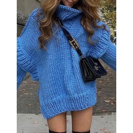 Women's European & American Style Oversized Loose-Fit High Neck Sweater - Soft Long Sleeve Winter Sweater with Fake Button Closure, Cozy Fall & Winter Sweater for Resort Wear, Casual or Dressy Outfits (White)