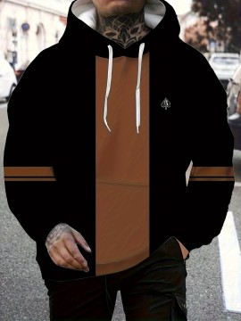 Men's Long Sleeved 3D Minimalist Pattern Printed Casual Drawstring Hooded Sweatshirt in Autumn and Winter Seasons, Large Size, PLUS SIZE
