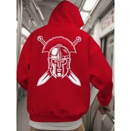 Spartan Men's Spartan Helmet and Spear Print Hooded Sweatshirt - Oversized Street Style Pullover in Beige with Red Spartan Print, Soft Warm Winter Top, Ideal Gift for History Enthusiasts, Casual Wear, Comfortable Clothing, Vintage Aesthetic, Durable