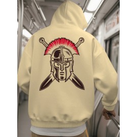 Spartan Men's Spartan Helmet and Spear Print Hooded Sweatshirt - Oversized Street Style Pullover in Beige with Red Spartan Print, Soft Warm Winter Top, Ideal Gift for History Enthusiasts, Casual Wear, Comfortable Clothing, Vintage Aesthetic, Durable